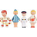 Figurines en plastique moulé représentant un joueur de hockey, une hôtesse de l’air, un policier et une contrôleuse de ticket, datant des années 1960.