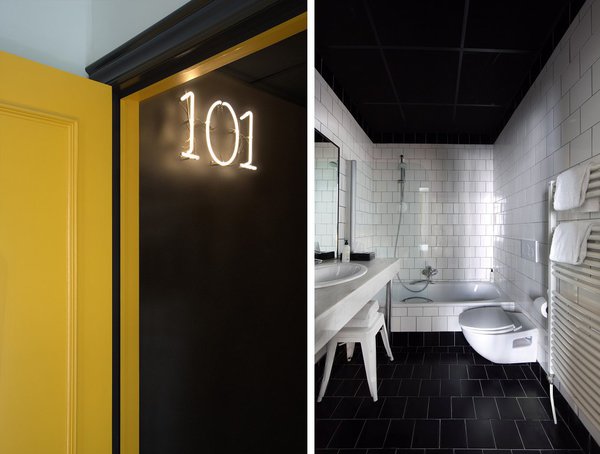 Un ton de jaune électrique souligne tous les espaces tandis que les salles de bains jouent la carte du noir et blanc.