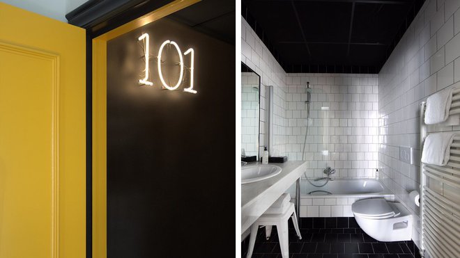 Un ton de jaune électrique souligne tous les espaces tandis que les salles de bains jouent la carte du noir et blanc. Un ton de jaune électrique souligne tous les espaces tandis que les salles de bains jouent la carte du noir et blanc.