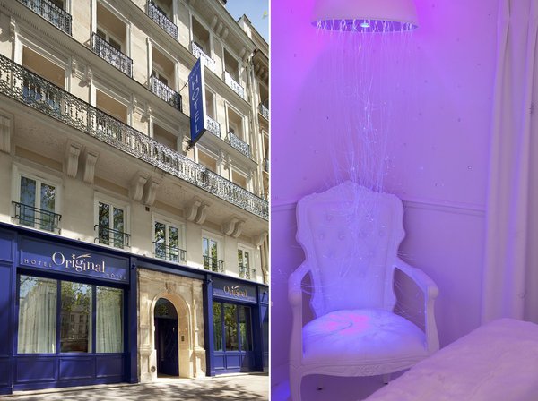 De la peinture de la façade de l’hôtel aux ambiances lumineuses des chambres, on retrouve un camaïeu de bleus violacés jusqu’au parme et lilas.