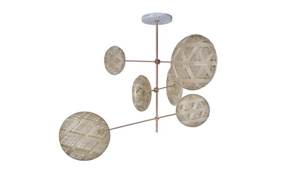 Une version sophistiquée de la suspension Chanpen du designer Anon Pairot, avec une structure en laiton et marbre contrastant avec des six diffusants en abaca.