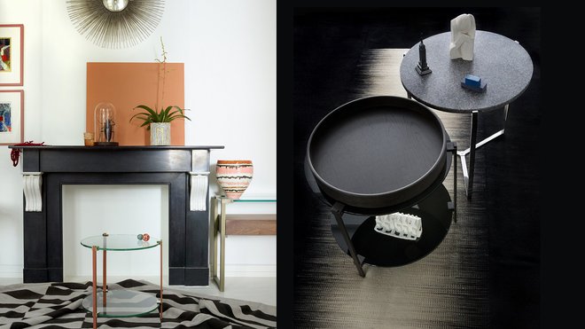 Tables d’appoint polyvalentes, qui se caractérisent par la modularité de leurs plateaux, simples ou doubles, en bois, verre ou granit interchangeables. Structure en acier inoxydable. Modèle T79, T79D de la Série Pioneer et T82 de la Série Pivot. Création Peter Ghyczy, 2016.