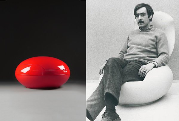 Peter Ghyczy, assis dans son siège emblématique, et le siège Garden Egg chair, en version fermée, une pièce de forme sculpturale.