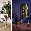 A gauche, chaises SO2 avec dossier flexible et pivotant qui s’ajuste aux mouvements de la personne. Table T 3456, avec plateau en pierre d’albâtre sur cadre tubulaire carré. Création Peter Ghycszy, 2016. A droite, Cabinet Biri CO3 « New perspective » créé avec 476 carreaux en laiton naturel massif. Chaque carré est poli, brossé et patiné à la main dans l’atelier. Corps en chêne massif fabriqué à partir d’un arbre de 150 ans. Intérieur nappé de laque turquoise évoquant la mer de Norvège.