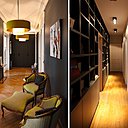 L’entrée a été meublée comme un mini salon et doté de rangements. Le couloir qui mène aux trois chambres accueille une bibliothèque. A gauche, le dégagement mène aux deux chambres accompagnées d’une salle de bain commune. A droite, placard, buanderie et toilettes se font suite. La porte du fond s’ouvre sur l’univers de la suite parentale.