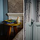 A gauche, en partie basse, les boiseries de la chambre ont été conservées et peintes pour contraster avec un papier peint, modèle Cloody, création Bien Fait chez Au Fil des Couleurs. Dans les toilettes, placard peint en bleu ciel et papier-peint, modèle Woods, chez Cole and Son.