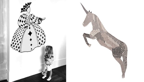 A gauche, « Licorne Brume » création Marie-Aurore Stiker-Metral qui revisite un personnage clé des tapisseries d’Aubusson. A droite,  « La Reine », une création de Jean Boggio qui fait partie d’une série de tapisseries autour des différentes couleurs des jeux de cartes.