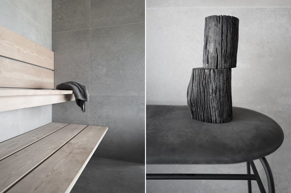 Le spa d’intérieur apporte une touche de légèreté à l’espace avec ses matériaux blonds, pierre et bois déclinés dans un doux camaïeu.