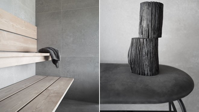 Le spa d’intérieur apporte une touche de légèreté à l’espace avec ses matériaux blonds, pierre et bois déclinés dans un doux camaïeu.