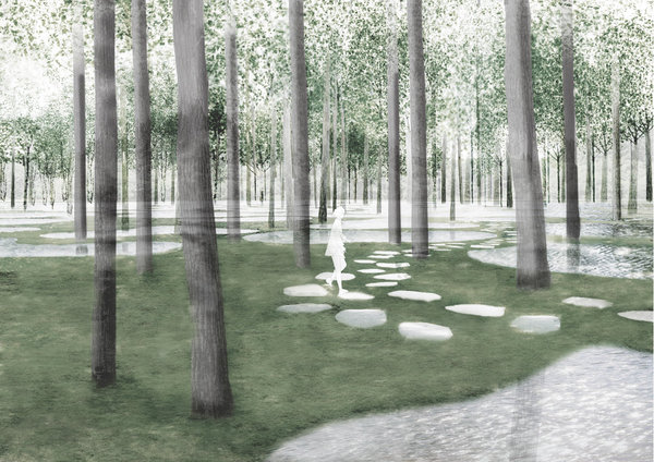 Vue des Jardins irrigués de Tochigi au Japon. Pour ce projet, Junya Ishigami a recréé une forêt en replantant les arbres qui avaient été arrachés lors de la construction d’un hôtel. Le site est aussi parsemé d’une myriade d’étangs.