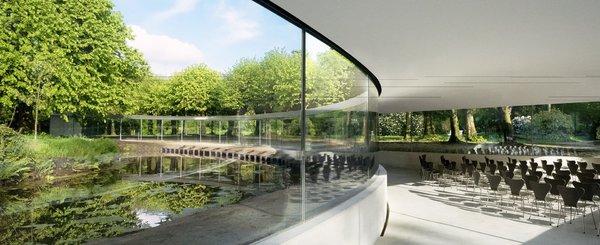 Centre d’accueil des visiteurs du Park Groot Vijversburg aux Pays-Bas. Le bâtiment s’insère le long des sentiers d’origine pour préserver la végétation, la position des arbres et les étangs historiques.