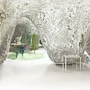 Esquisse de la Maison et Restaurant à Yamaguchi au Japon. Cette construction accueillant l’habitation et l’espace de travail d’un chef cuisinier dessine une sorte de grotte artificielle.