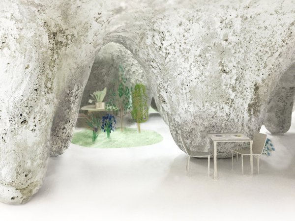 Esquisse de la Maison et Restaurant à Yamaguchi au Japon. Cette construction accueillant l’habitation et l’espace de travail d’un chef cuisinier dessine une sorte de grotte artificielle.
