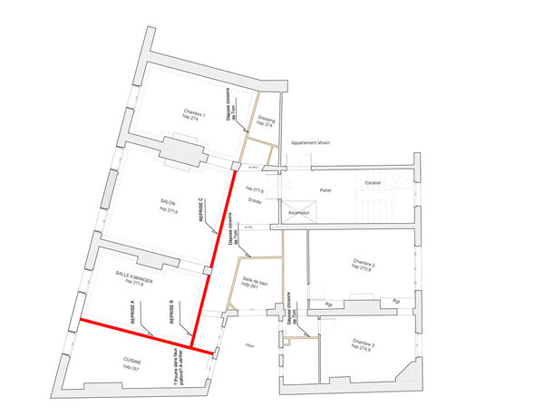 Plan du projet de l’appartement repensé mettant en avant les reprises effectuées comme démolition ou renfort structurel au niveau des zones de communication.