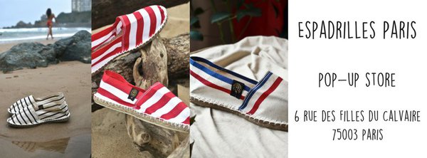 Rouge, bleu et blanc pour ces espadrilles au couleurs de la France à retrouver jusqu'en juillet à la boutique Ephémère 6 rue des Filles du Cavaire Paris 3ème