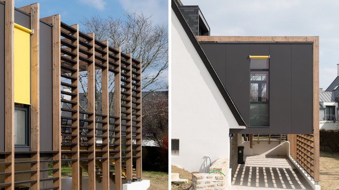 Les stores extérieurs choisis dans un jaune vif et éclatant apportent une touche de fraîcheur et de couleur.