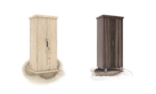 A gauche, armoire Jocaste en cèdre brut sablé avec poignées en laiton patiné. A droite, armoire Leda en chêne fumé brillant avec piétement et poignées en laiton patiné. Créations Gilles et Boissier, 2017.