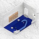 Sur un sol bleu méditerranée, une envie de détente au ras du sol pour ce projet d’architecture intérieure d’Antoine Chauvin, diplômé de l’ESAD, Ecole Supérieure d’Art et de Design d’Orléans.