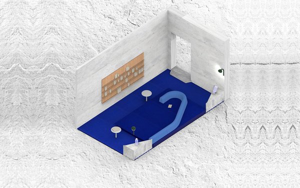 Sur un sol bleu méditerranée, une envie de détente au ras du sol pour ce projet d’architecture intérieure d’Antoine Chauvin, diplômé de l’ESAD, Ecole Supérieure d’Art et de Design d’Orléans.