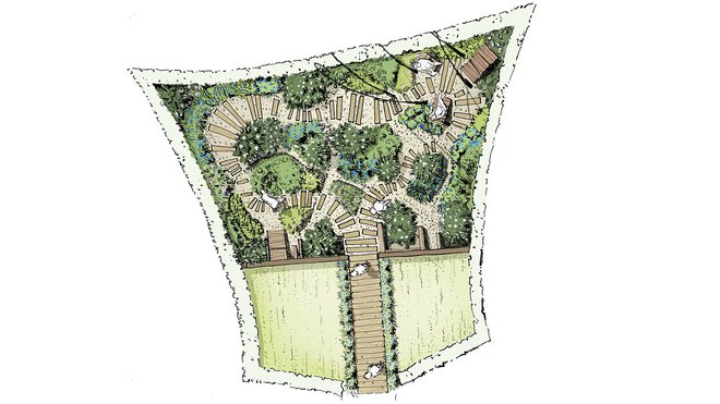 « Ceci n’est pas un jardin », création française et surréaliste, conçue à la façon d’un tableau de Magritte, qui joue sur le décalage entre l’objet et sa représentation.