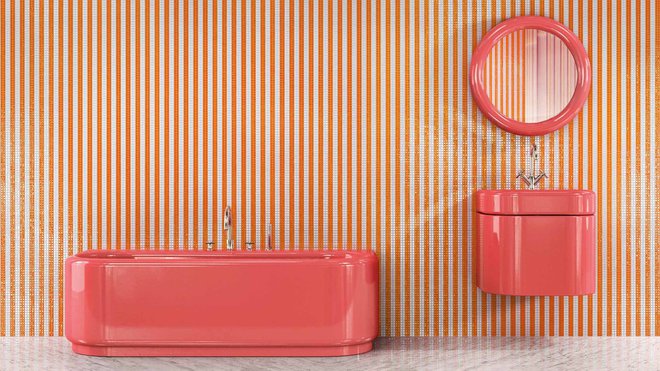 La salle de bains réinventée avec humour. Plouf, Splash and Wow sont les pièces principales de ce concept de salle de bains dans un univers généralement blanc. Esprit pop des années 1960 et 70, India Mahdavi nous propose des idées ludiques, une alternative joyeuse aux éléments immaculés et épurés qui peuplent l’univers de la salle de bains design. Baignoire, vasque, rangement et miroir s’accompagnent d’une mosaïque graphique Pinstripe bicolore. The Madhavi Collection pour Bisazza Bagno.