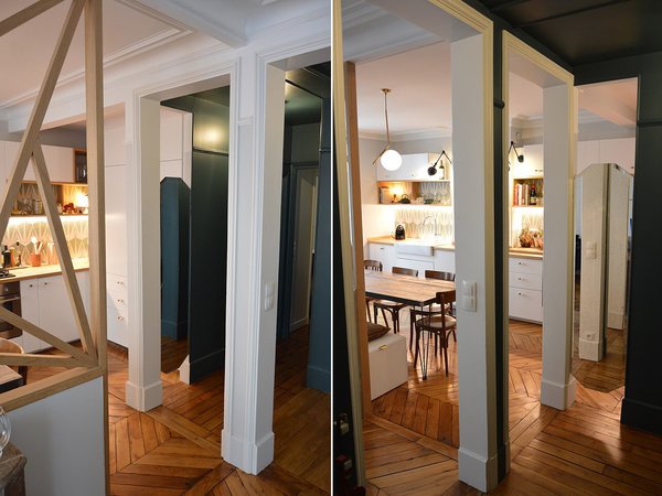 La surface de l’ancien couloir décloisonné a été intégrée dans l’espace de la pièce à vivre. Les espaces de circulation ont été mis en relief par une peinture bleu paon.