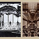 Contrastes des styles : à gauche, dans un style Art nouveau et présenté à l’Exposition Universelle de 1900, stand de la maison Lalique qui met en scène un décor de chauve-souris et de toiles d’araignée. A droite, en 1935, la décoration intérieure du paquebot Le Normandie avec des créations de style Art déco signées René Lalique.