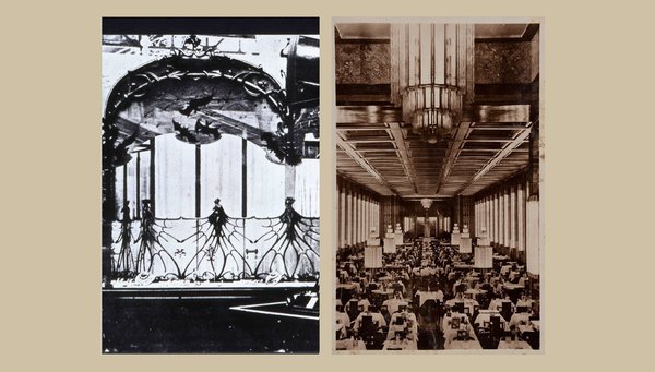 Contrastes des styles : à gauche, dans un style Art nouveau et présenté à l’Exposition Universelle de 1900, stand de la maison Lalique qui met en scène un décor de chauve-souris et de toiles d’araignée. A droite, en 1935, la décoration intérieure du paquebot Le Normandie avec des créations de style Art déco signées René Lalique.