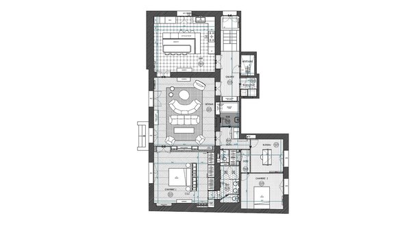 Plan projeté appartement: dans cet appartement de 150 m², la galerie initiale a été notamment coupée pour aménager une salle de bains.