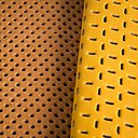 Deux cuirs perforés : Collet végétal ½ Nourri Perforé rond, Tannerie Arnal et Crispé Jaune Référence 47, Mégisserie Sofacuir.