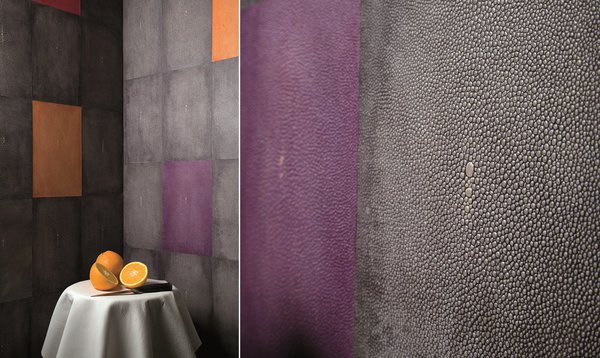 Esprit Art déco revisité en couleurs avec ses dalles en peau de galuchat, entre le cuir et le minéral. Modèle Galuchat, création Christophe Fey Concept.