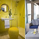 Jaune soleil pour les salles de bains, et rayures balnéaires bleu et blanc pour le spa.