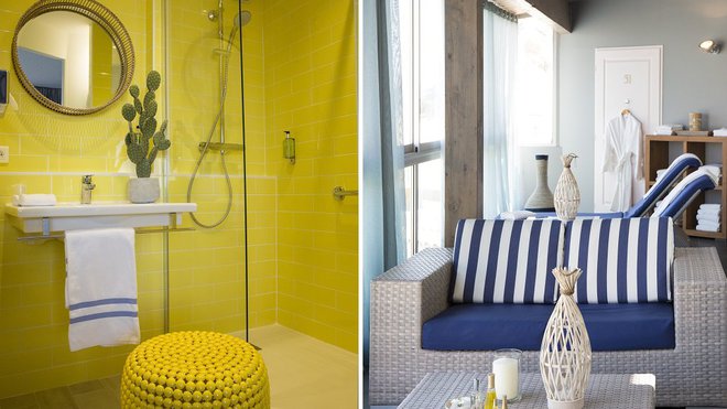 Jaune soleil pour les salles de bains, et rayures balnéaires bleu et blanc pour le spa. Jaune soleil pour les salles de bains, et rayures balnéaires bleu et blanc pour le spa.