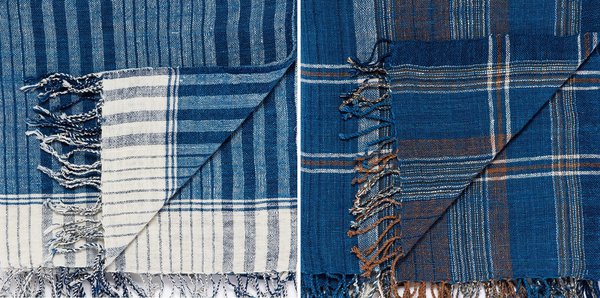 Plaids Hom en coton, offrant 4 échelles de tissages et nuances d’indigo, avec effets de rayures, réalisées sur des petits métiers.