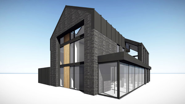 En habit sombre, la maison fait alterner grandes baies vitrées et murs opaques pour préserver l’intimité de ses occupants.