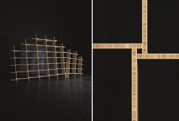 Détail de l’étagère Construction, en bambou et laiton. Edition MSZ, 2015. Fabrication Atelier Hubert Weinzierl, collection Particulière.