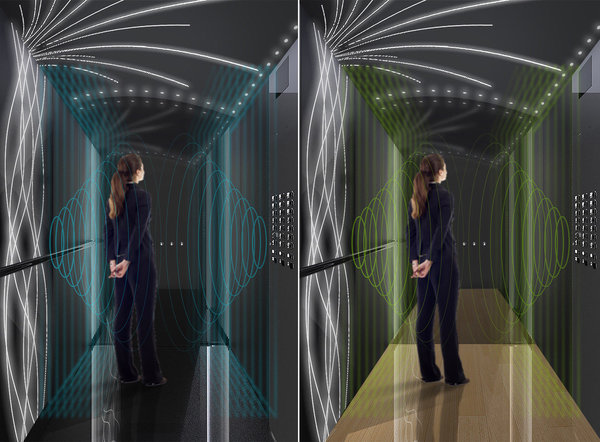 Osée, cabine d’ascenseur offrant une ambiance sonore, dynamique et interactive. Le système de sonification agrandit psychologiquement l’espace pour éviter aux occupants une sensation désagréable de claustrophobie. Création design internet Innovation dpt Otis Sound to sight, Antoine Châron et Florestan Gutierrez.