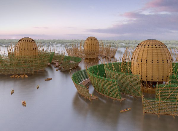 Tekasa’ï est un habitat et unité de production en bambou étudiés pour les zones inondables du Bangladesh. Composé d’un espace flottant abritant le logement amarré au centre d’une structure extérieure circulaire ancrée dans le sol, il pose sur l’eau et permet aux populations sinistrées d’éviter l’exode vers d’autres terres. Création design Loïs Tavernier, Strate-Ecole de Design, en recherche d’éditeur.