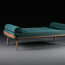 Structure en bois réalisable dans différentes essences de bois (chêne, noyer américain, érable, orme…) et finitions pour ce lit de repos avec matelas et polochons rembourrés et houssés de tissu (L 160, 170, 180 x P 70, 80, 90, x H 43 cm). Modèle Thor, Fahmida Lam pour Artisan.