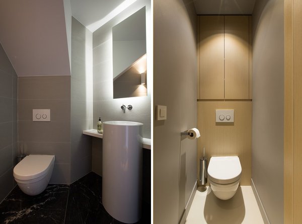Dans le cabinet de toilette, vasque (référence WT.R400K 450300000), Agape et tablette en Corian® avec éclairage rétroactif placé derrière le miroir. Mitigeur Vola avec bec fixe. Toilettes suspendues (cuvette # 222709, Starck 3 chez Duravit avec plaque de déclenchement Sigma 20 chez Geberit) qui facilitent le nettoyage et placards muraux très pratiques.