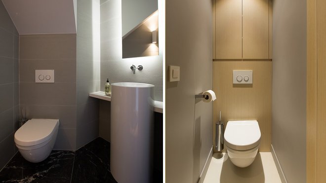 Dans le cabinet de toilette, vasque (référence WT.R400K 450300000), Agape et tablette en Corian® avec éclairage rétroactif placé derrière le miroir. Mitigeur Vola avec bec fixe. Toilettes suspendues (cuvette # 222709, Starck 3 chez Duravit avec plaque de déclenchement Sigma 20 chez Geberit) qui facilitent le nettoyage et placards muraux très pratiques. Dans le cabinet de toilette, vasque (référence WT.R400K 450300000), Agape et tablette en Corian® avec éclairage rétroactif placé derrière le miroir. Mitigeur Vola avec bec fixe. Toilettes suspendues (cuvette # 222709, Starck 3 chez Duravit avec plaque de déclenchement Sigma 20 chez Geberit) qui facilitent le nettoyage et placards muraux très pratiques.