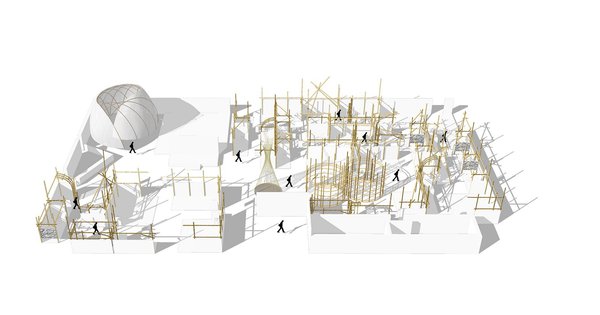 La scénographie de la Biennale 1.618 conjugue éco-conception et utilisation de matériaux recyclés. Ses stands sont construits en bambou comme les habitats traditionnels des tribus, tandis qu’aucun travail de nuit ni groupe électrogène ne seront acceptés dans sa mise en œuvre. Ici, plans de l’Emotion Square, une parenthèse enchantée qui ne présente aucun produit mais propose des expériences gustatives, sensorielles, olfactives et visuelles en corrélation avec la plateforme de voyage intérieur Les Merveilles.