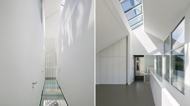 La lumière est capturée par le biais d’une verrière en toiture et diffusée à travers un plancher vitré.