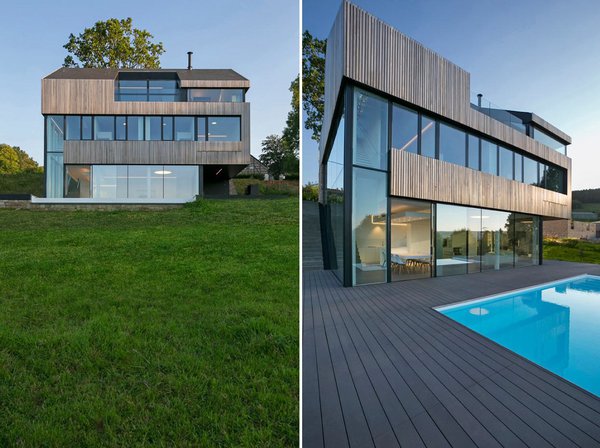 Les façades de la maison font alterner bardage en cèdre naturel et séquences vitrées.