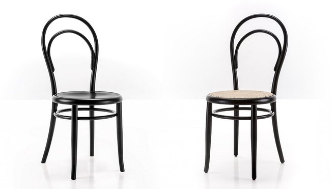 Avec assise en bois plein, cannage ou rembourrage recouvert de tissu, chaise « N. 14 » en bois cintré (41 x 90 x 49 cm). Designer : Michael Thonet, à partir de 364,80 € (www.madeindesign.com).