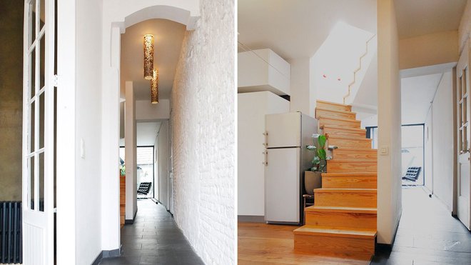 A gauche, à l’intérieur de la maison, la brique a été peinte en blanc comme dans ce couloir qui relie les différents espaces. A droite, les zones de circulation ont été retravaillés pour relier l’habitation des propriétaires de 70 m² à la partie réservée aux hôtes composée d’une grande salle à manger commune et de deux chambres.