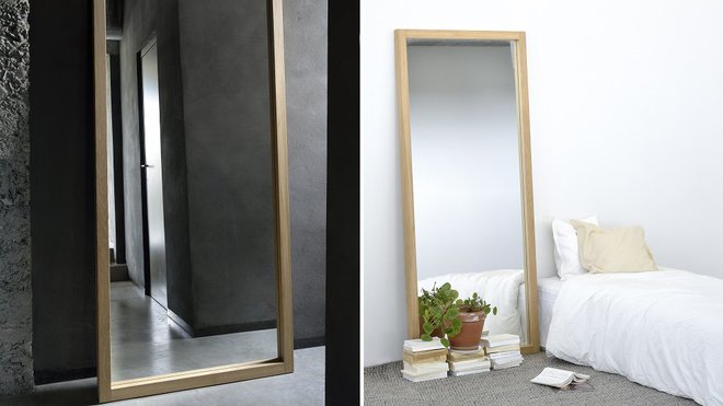 Miroirs Oak avec cadre en chêne clair à poser au sol ou à accrocher au mur à la verticale ou à l’horizontale, disponible en trois tailles. Création Alain Van Havre pour Ethnicraft.
