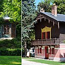 A gauche, le Kiosque qui servait autrefois de glacière et pour se protéger des chaleurs de l’été. A droite, le Chalet Suisse, avec éléments de façade, toiture et balcon en bois « découpé à jour », inspiré des maisons du canton de Berne et agrémenté de conifères. Avec une dimension de voyage, il participe à l’ornement typique d’un parc paysager à l’anglaise. Salon de thé et restaurant sont venus s’y réfugier.