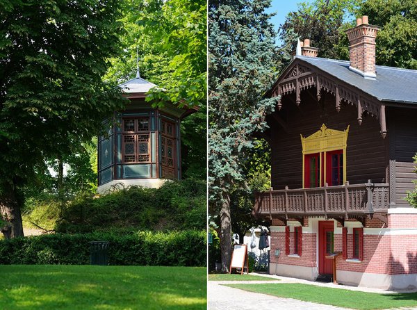 A gauche, le Kiosque qui servait autrefois de glacière et pour se protéger des chaleurs de l’été. A droite, le Chalet Suisse, avec éléments de façade, toiture et balcon en bois « découpé à jour », inspiré des maisons du canton de Berne et agrémenté de conifères. Avec une dimension de voyage, il participe à l’ornement typique d’un parc paysager à l’anglaise. Salon de thé et restaurant sont venus s’y réfugier.