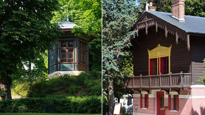 A gauche, le Kiosque qui servait autrefois de glacière et pour se protéger des chaleurs de l’été. A droite, le Chalet Suisse, avec éléments de façade, toiture et balcon en bois « découpé à jour », inspiré des maisons du canton de Berne et agrémenté de conifères. Avec une dimension de voyage, il participe à l’ornement typique d’un parc paysager à l’anglaise. Salon de thé et restaurant sont venus s’y réfugier.